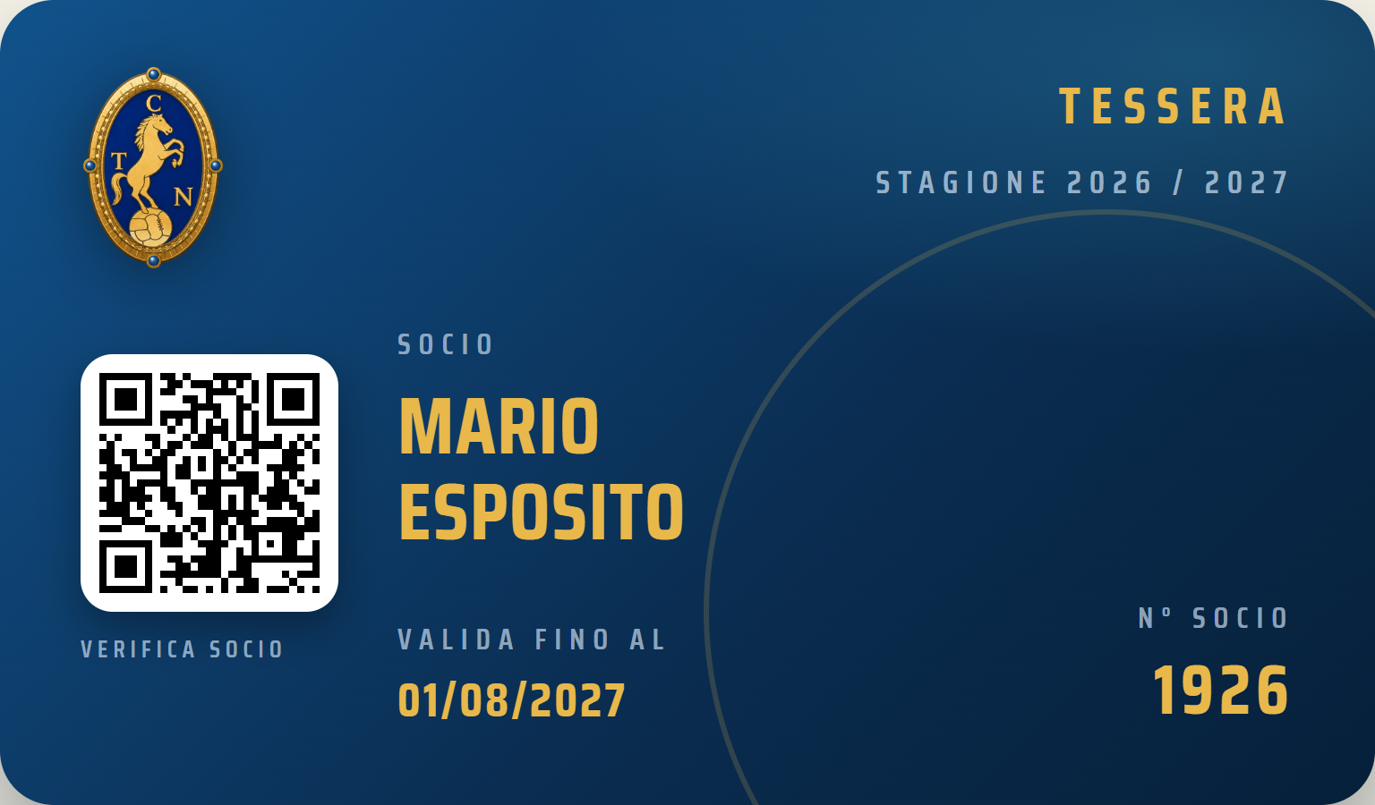 Esempio della tessera digitale del socio Con Te Napoli, intestata a Mario Esposito